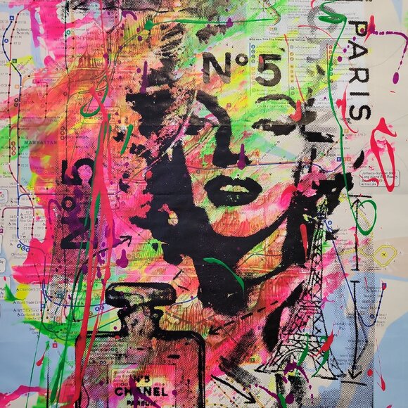 💋 Handpainted Original Marilyn Monroe Acrylic Art Painting on NYC Subway Map - Picture 3 of 7
